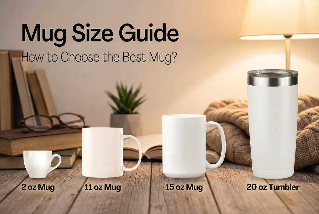 A visual mug size guide displaying four white coffee cups on a wooden table, including a 2 oz mug, an 11 oz standard coffee mug size, a 15 oz mug, and a 20 oz tumbler