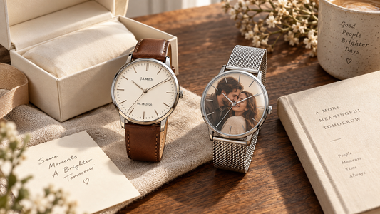 Personalized watches with a custom name and date dial and a couple’s photo dial beside a cream gift box.