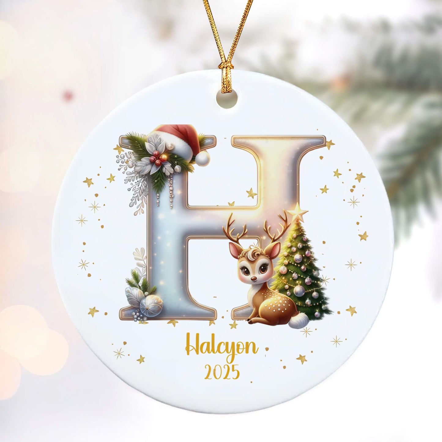 Customized Ceramic Christmas ornament for Family with Reindeer Christmas Tree Initial, Name and Year