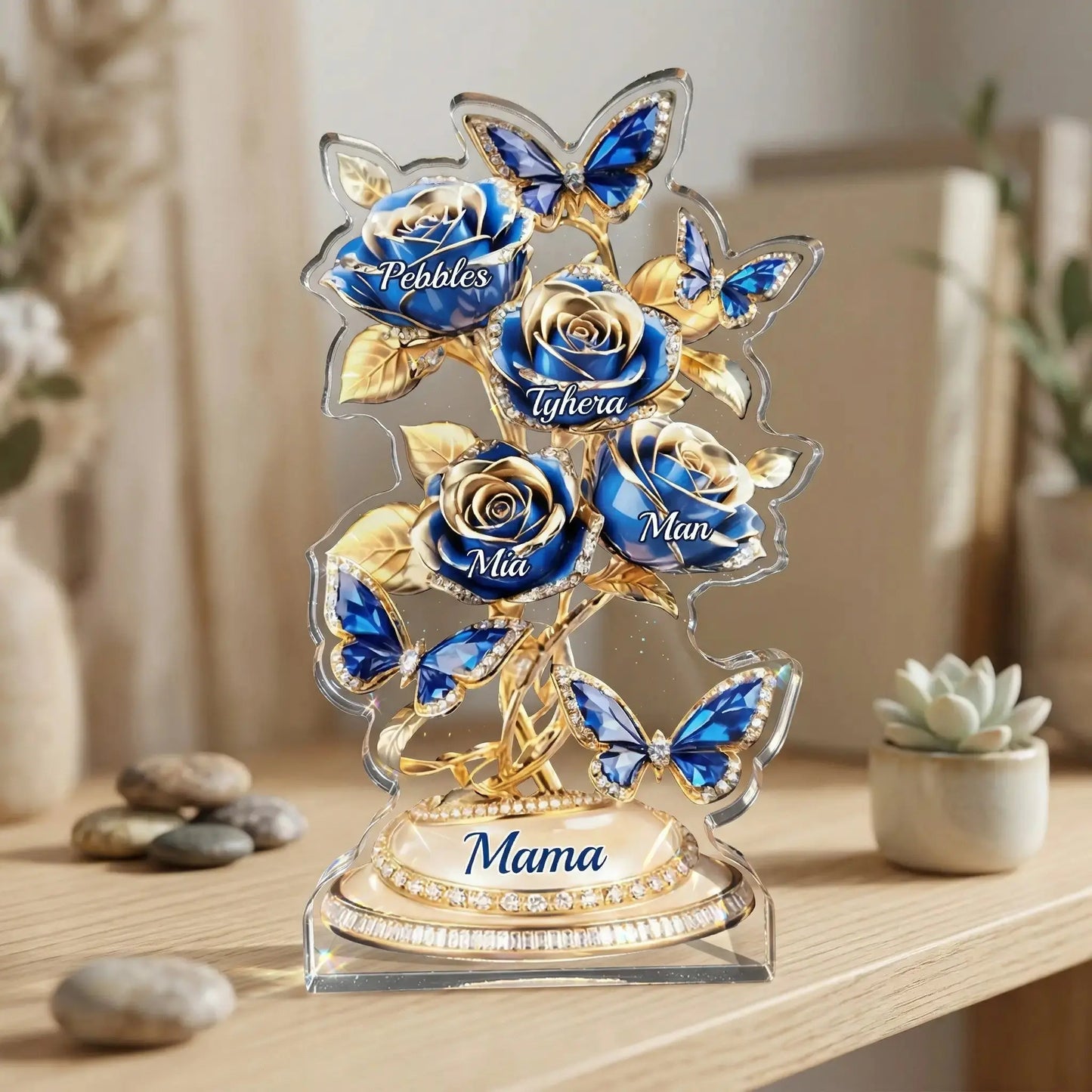 Personalized floral acrylic plaque for mom resting on a wooden shelf