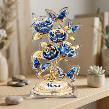 Personalized floral acrylic plaque for mom resting on a wooden shelf
