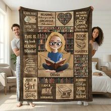 Close up of the custom cartoon girl design on a personalized book blanket