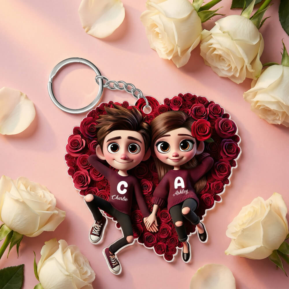 Personalized Acrylic Keychain, Rose Heart Couple Design, Gift for her, him, Couple