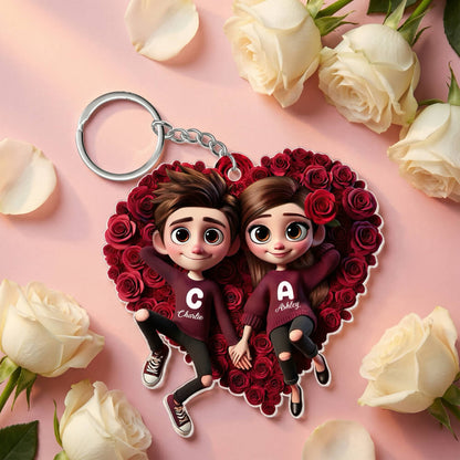 Personalized Acrylic Keychain, Rose Heart Couple Design, Gift for her, him, Couple