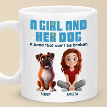 Customized Mug with cartoon dog and girl illustration and text 'A Girl and Her Dog: A bond that can't be broken' on a beige background.