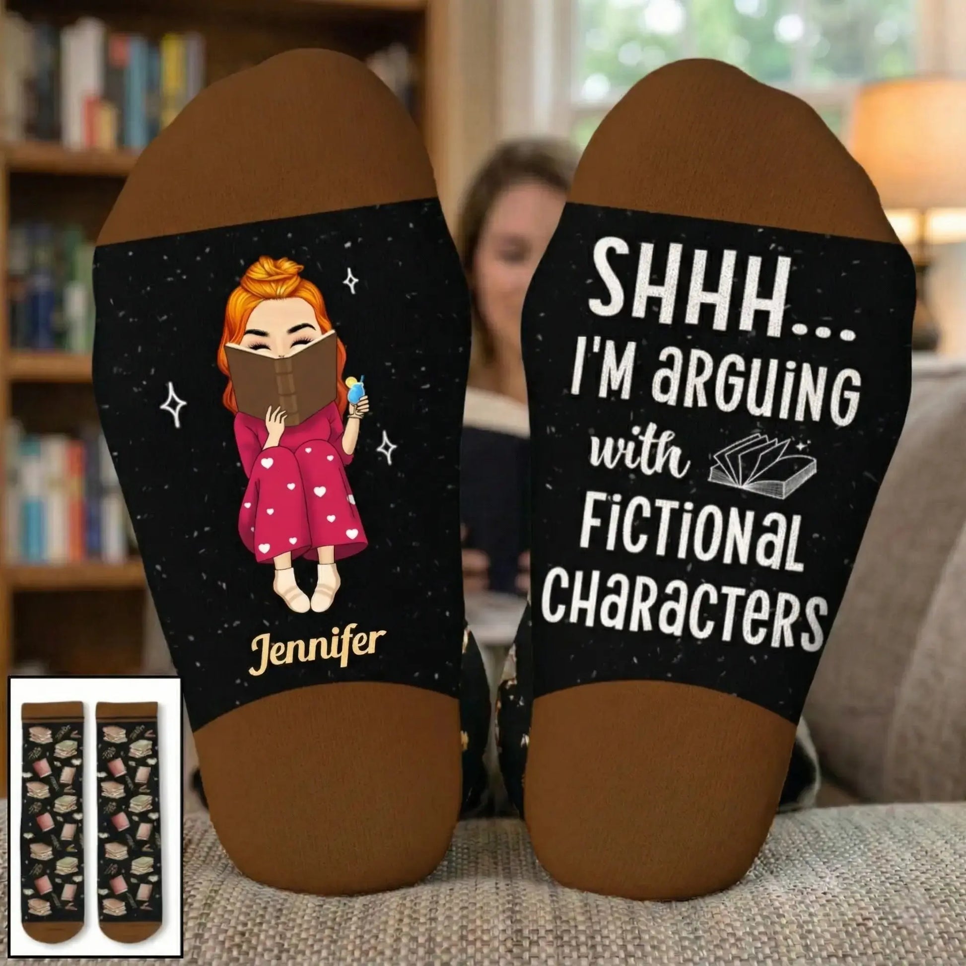 Mid-tube custom book socks for book lovers keeping feet warm.