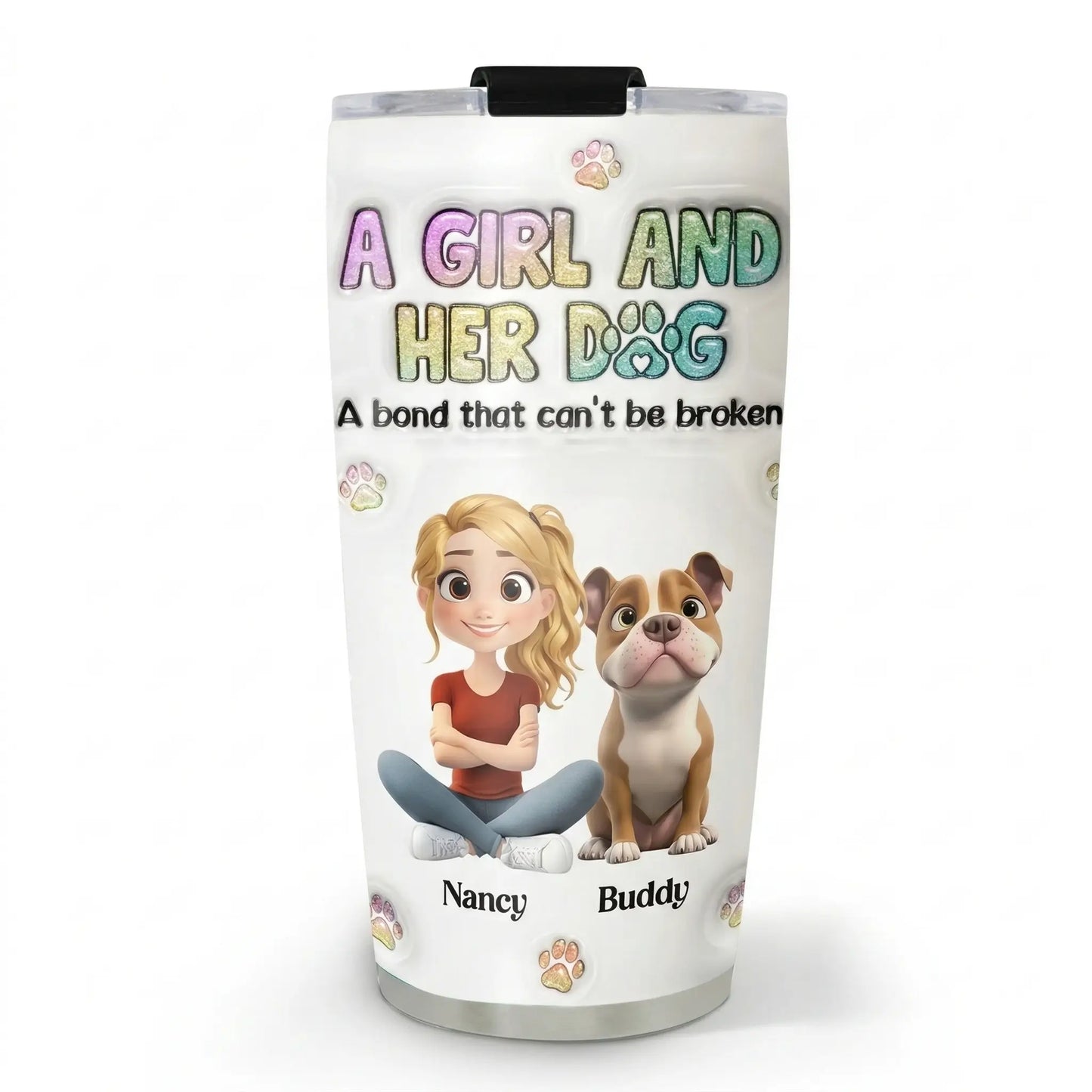 Beautiful custom coffee tumbler with 3D inflated effect dog design