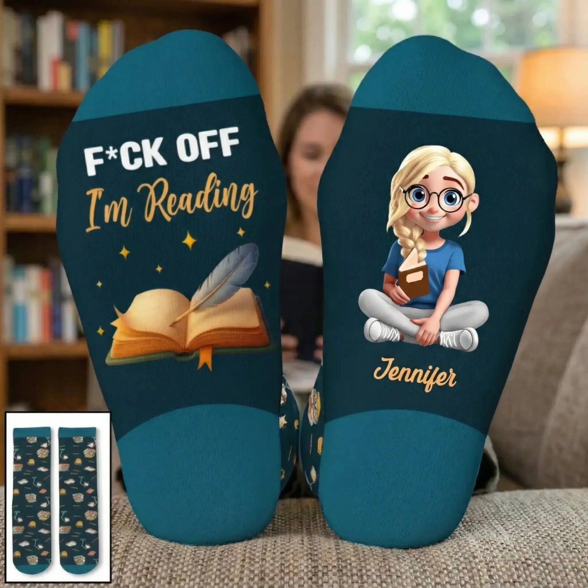 Woman relaxing on a sofa wearing her comfortable personalized crew socks.