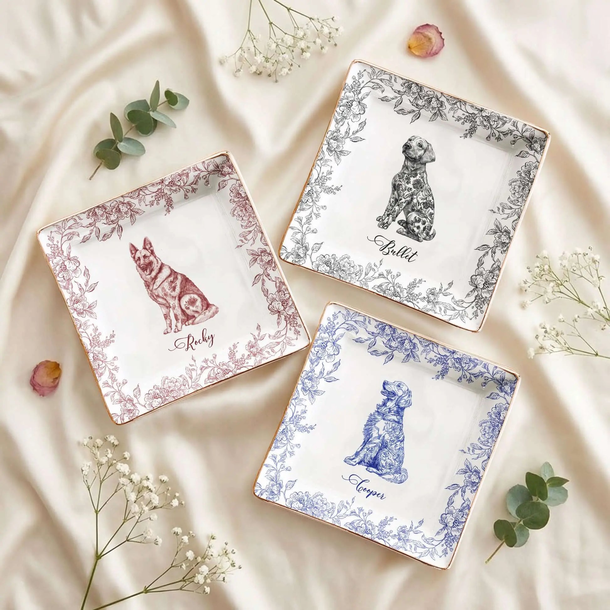 Personalized jewelry dish with blue red black Chinoiserie dog art and custom pet name.