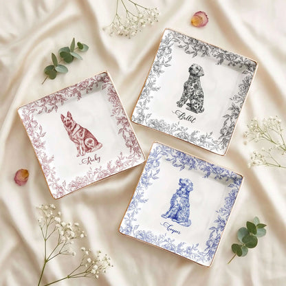 Personalized jewelry dish with blue red black Chinoiserie dog art and custom pet name.