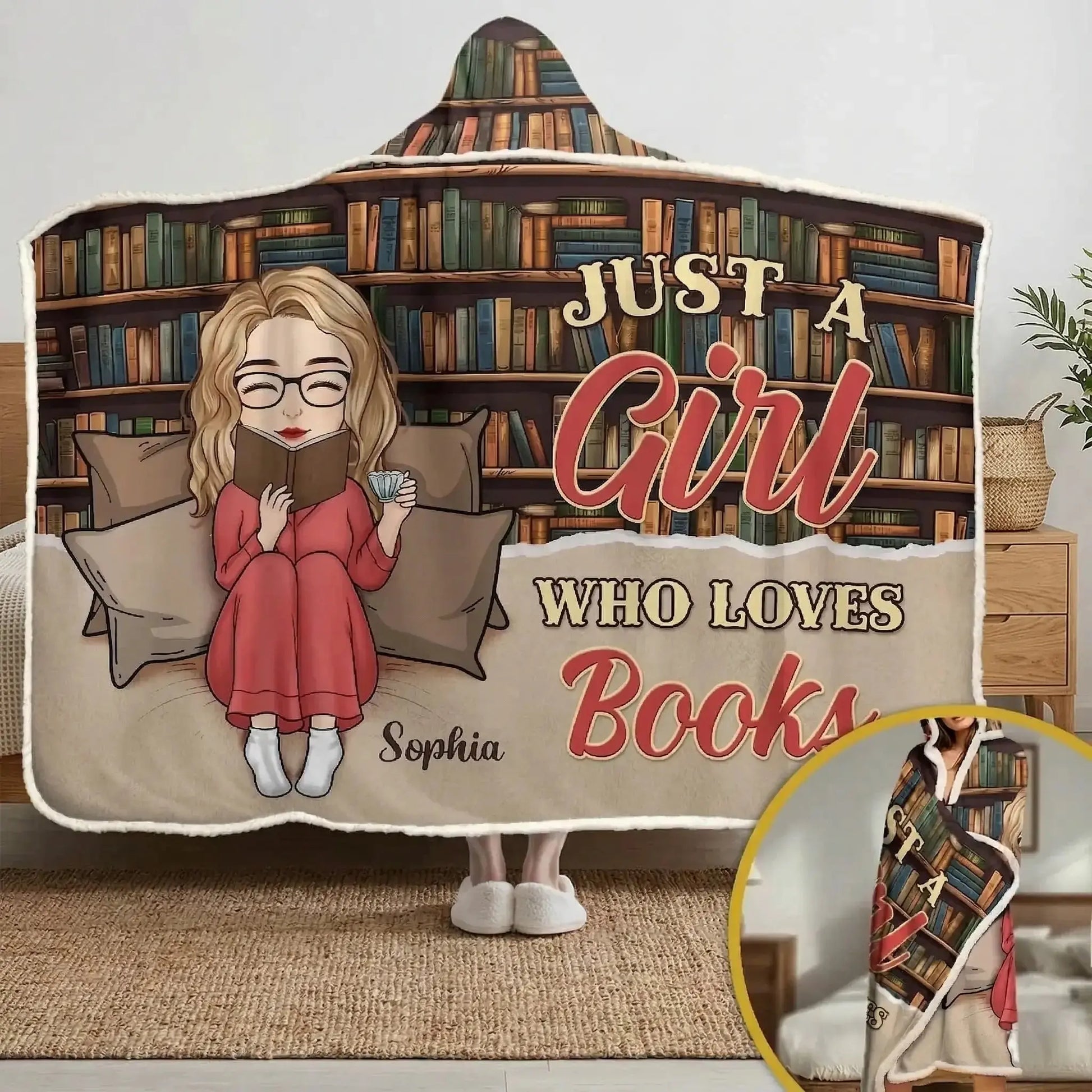 Close up of the custom snuggle blanket hoodie for book lovers
