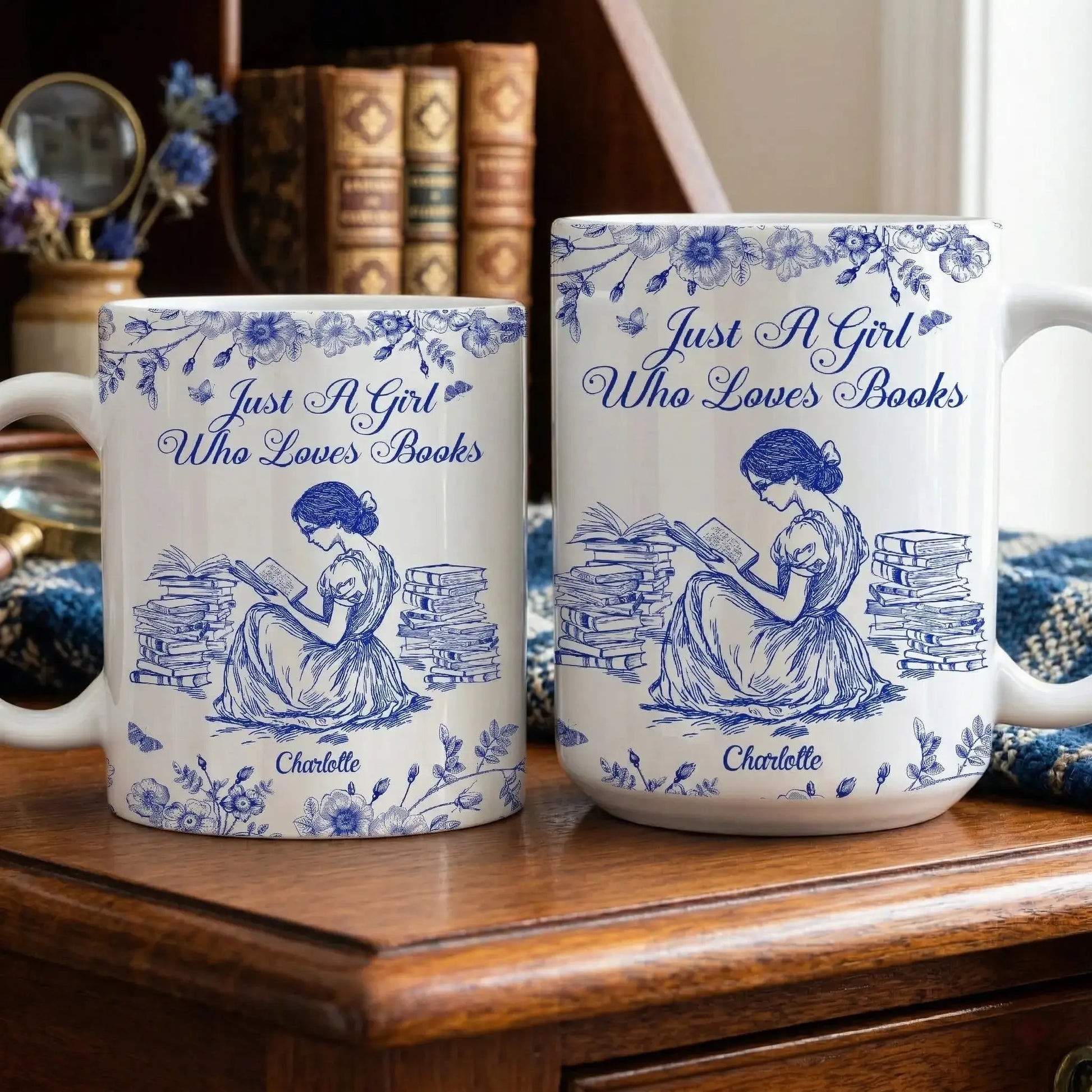 Close up of the French toile pattern on a vintage aesthetic bookworm coffee mug