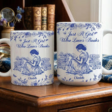 Close up of the French toile pattern on a vintage aesthetic bookworm coffee mug