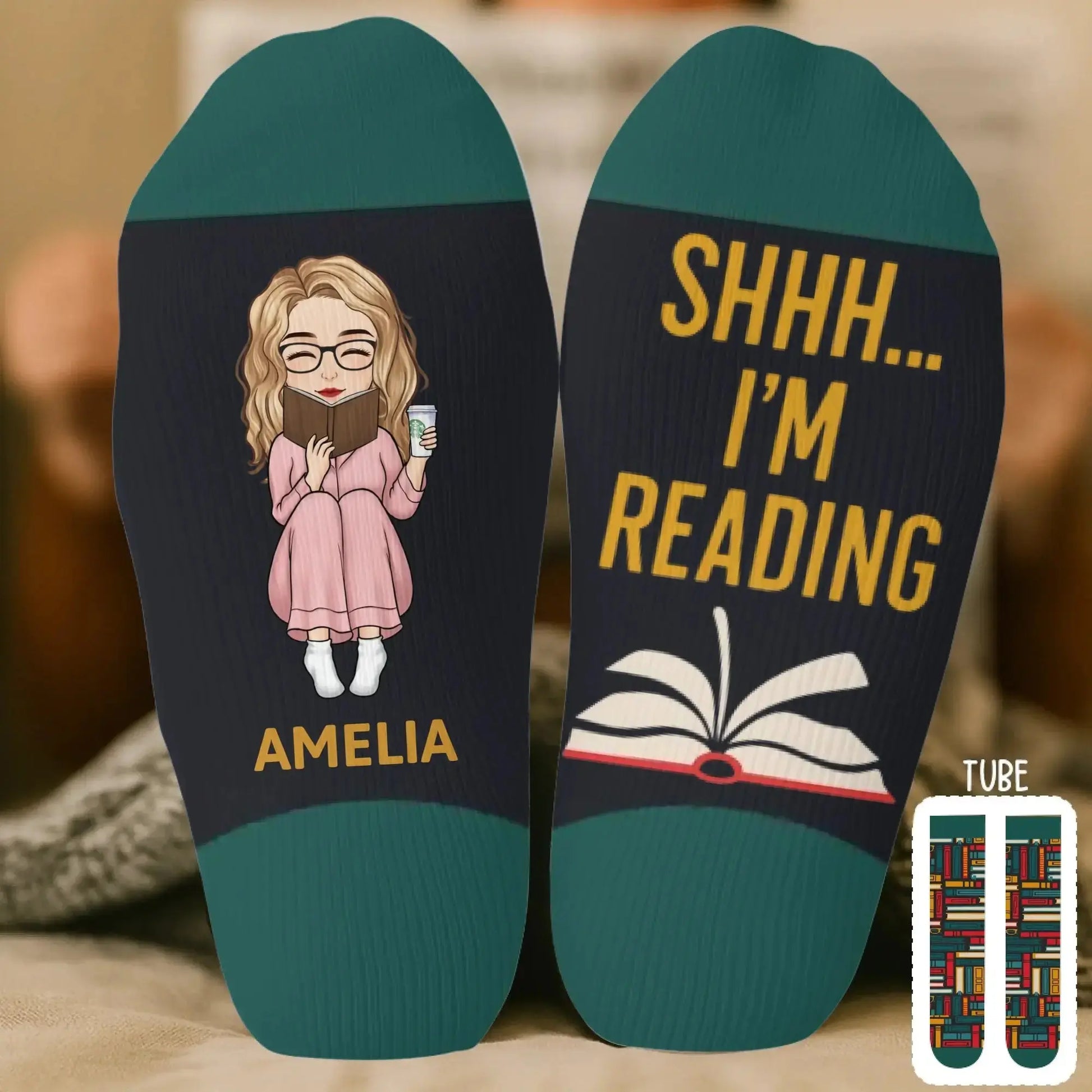 Woman reading a novel wearing custom crew socks.
