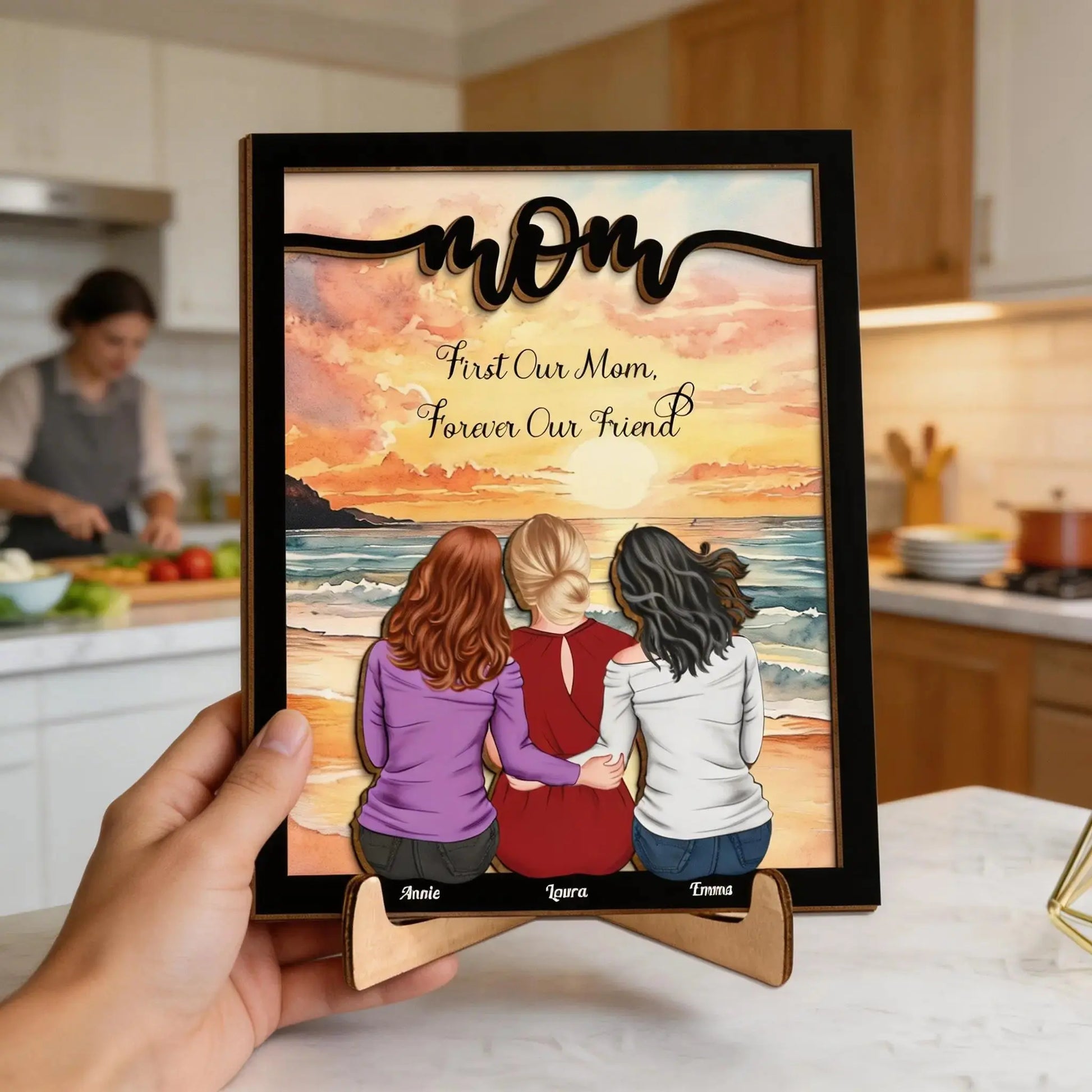 Personalized Wooden Plaque held in the kitchen room