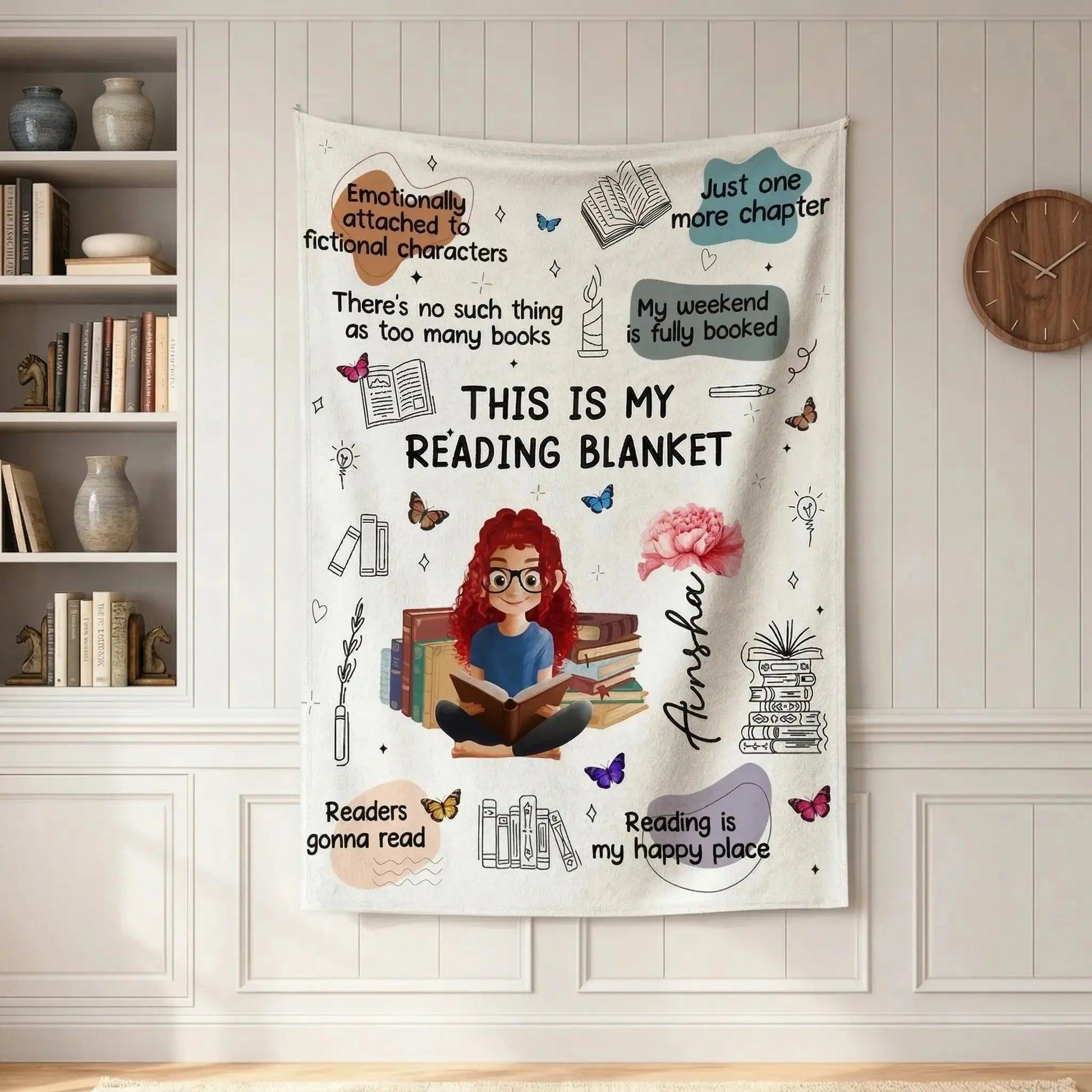 custom reading character throw blanket featuring a cartoon girl illustration