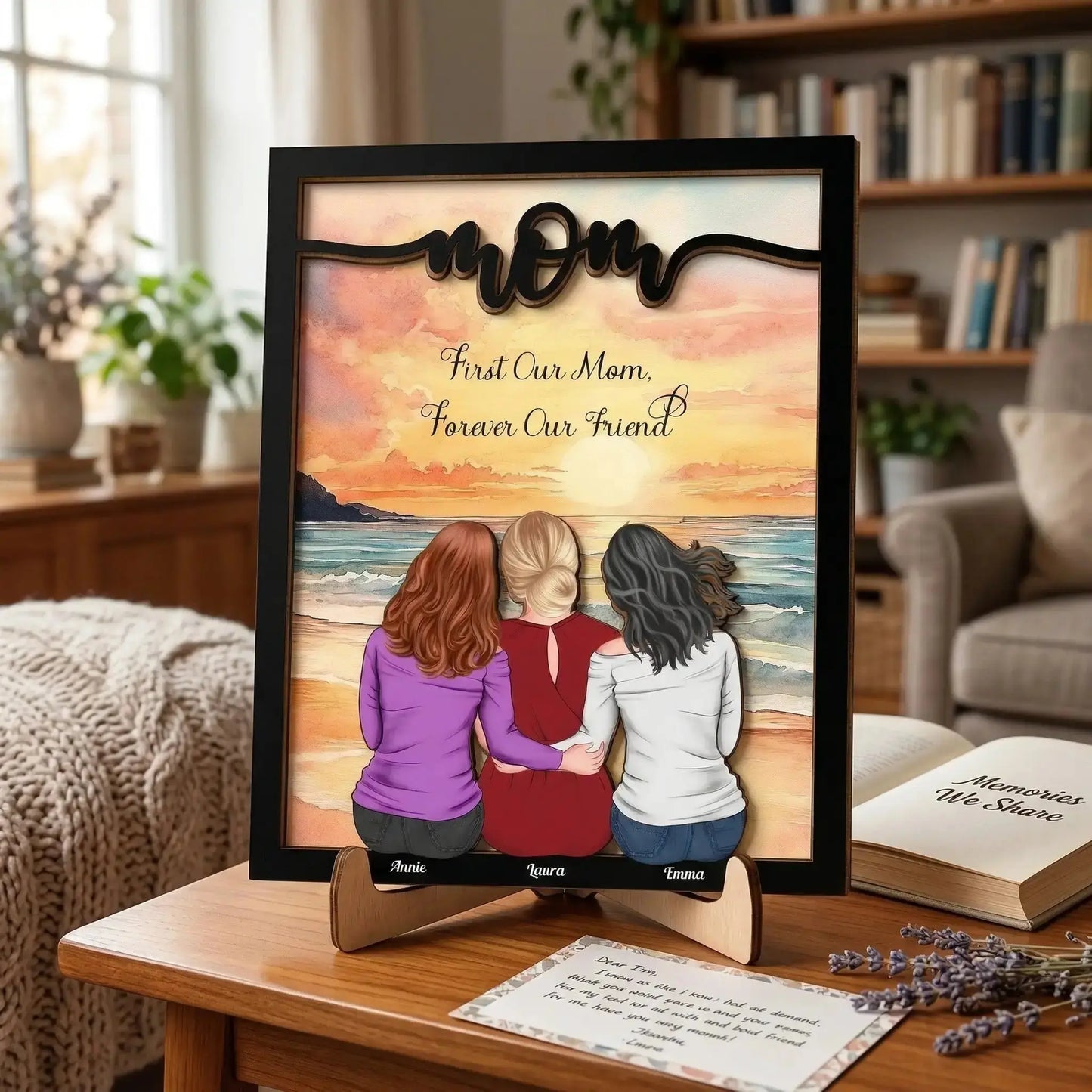 Personalized Wooden Plaque resting on a living room table