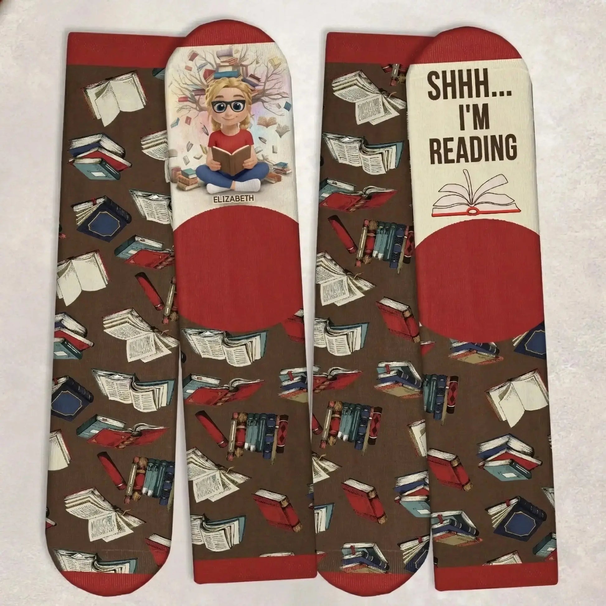 Close up of the premium yarn on a personalized reading socks gift.