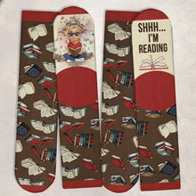 Close up of the premium yarn on a personalized reading socks gift.