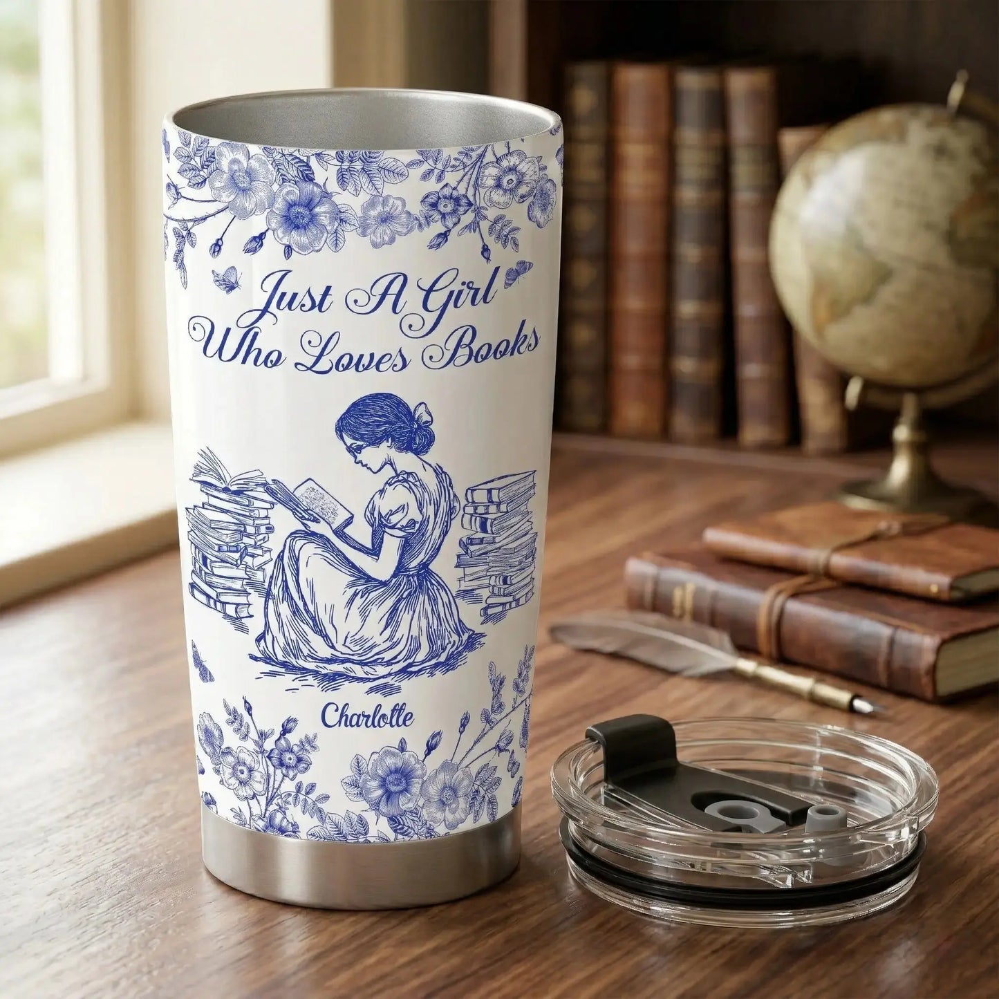 Close up of the double wall on a toile de jouy book lover tumbler.