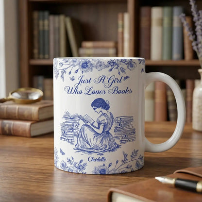 An elegant reading mug gift for her resting on a solid oak desk