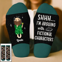 Woman arguing with fictional characters while wearing custom crew socks.
