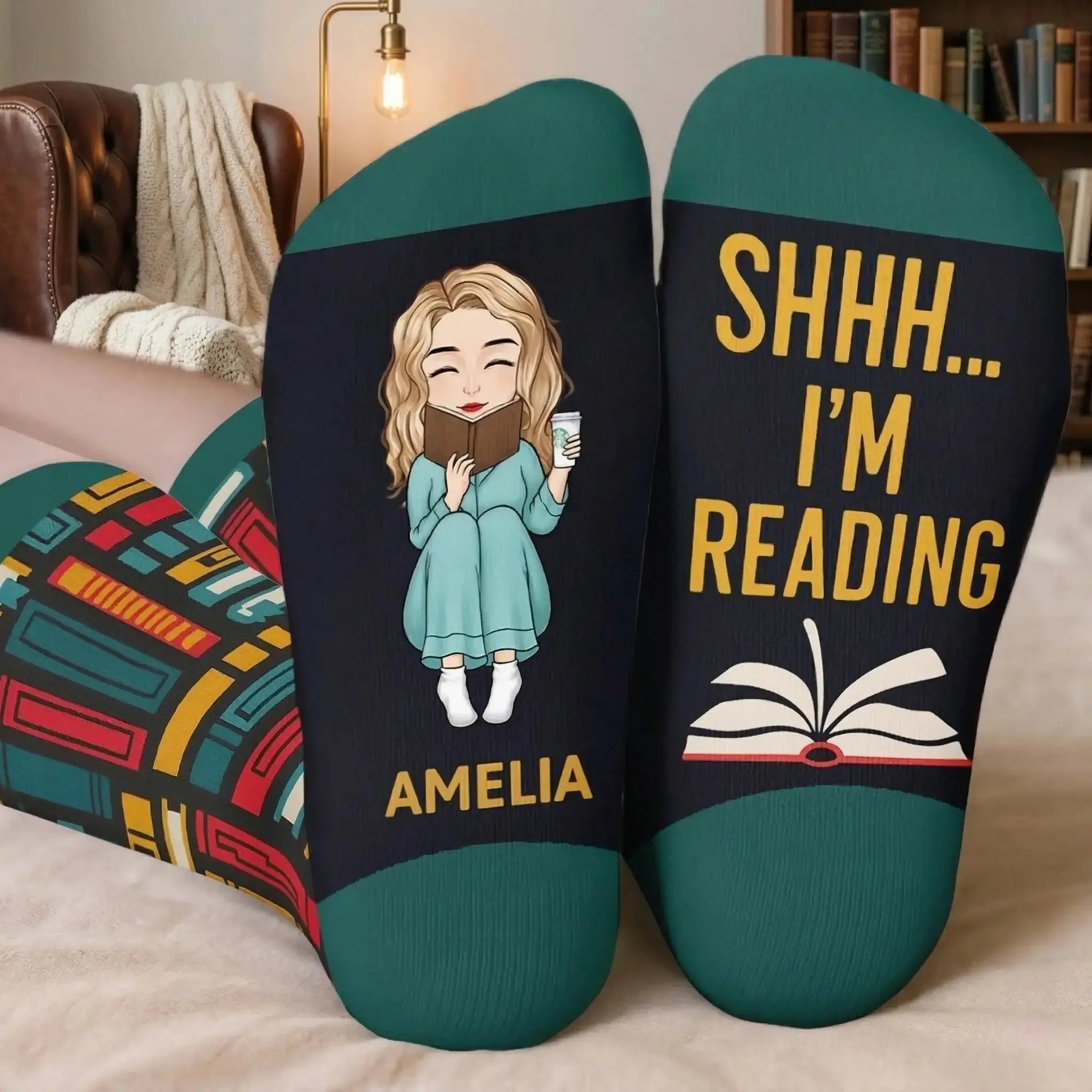 Close up of breathable yarn on personalized book socks for book lovers
