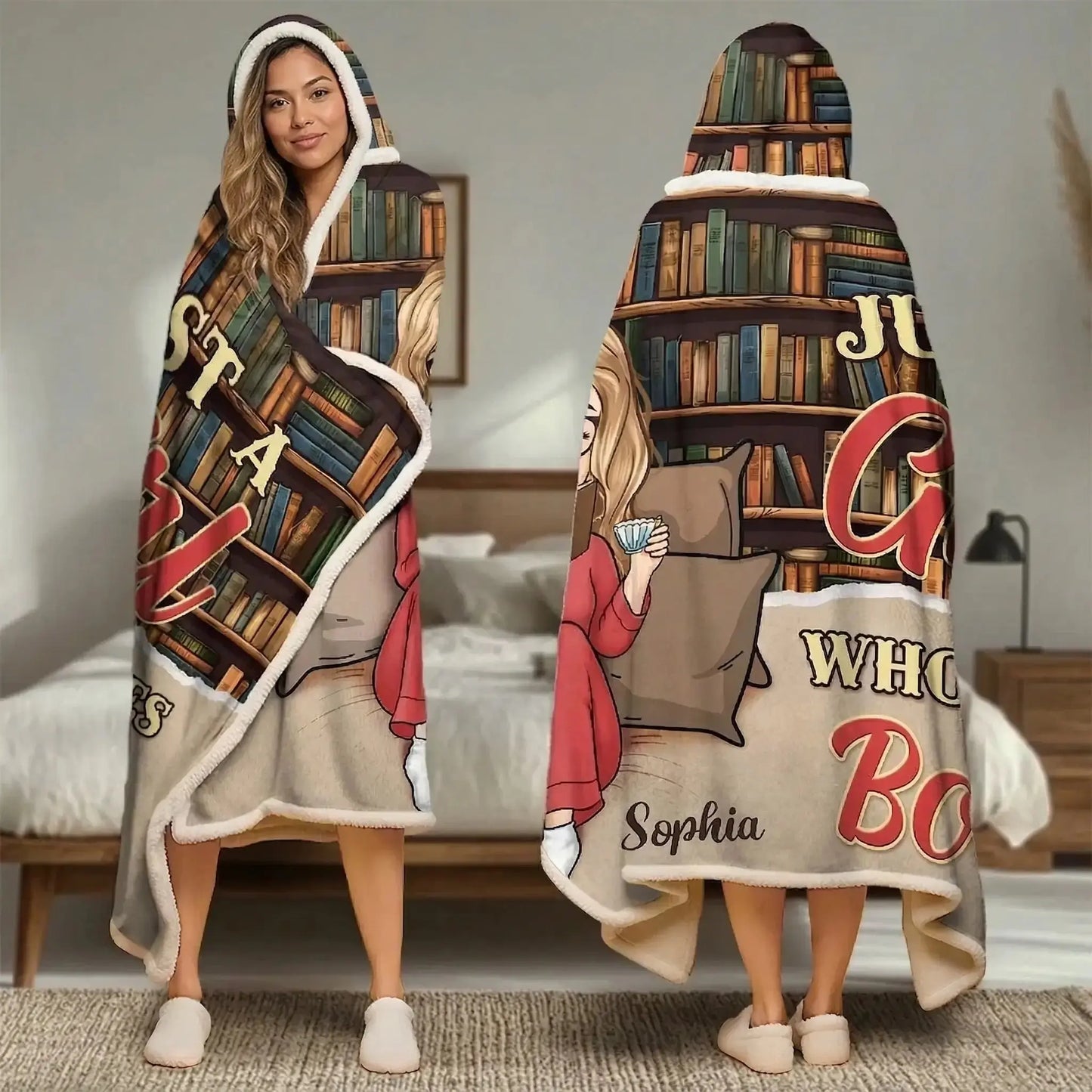 A young woman reading a novel wearing a personalized wearable blanket hoodie