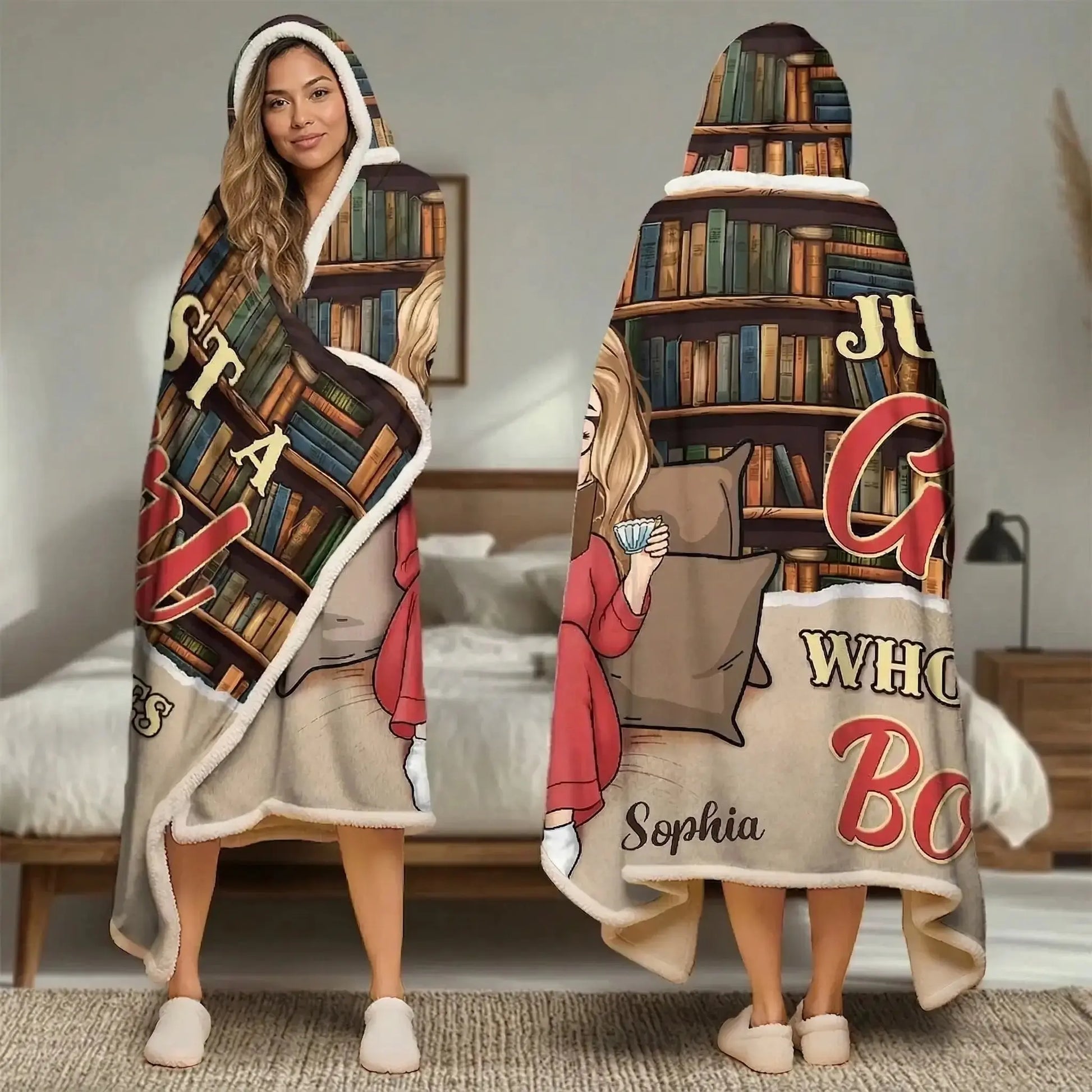 A young woman reading a novel wearing a personalized wearable blanket hoodie