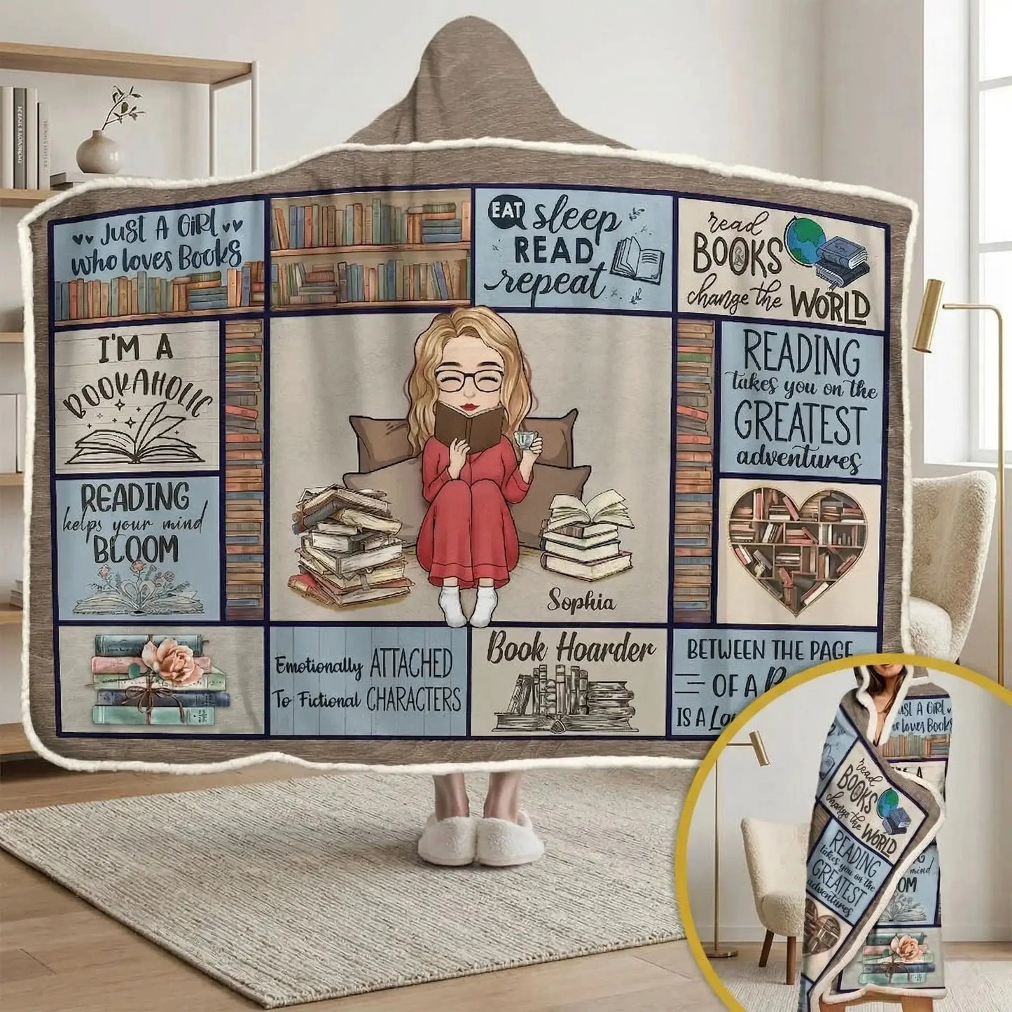 A snuggle blanket hoodie with name printed next to a stack of classic novels