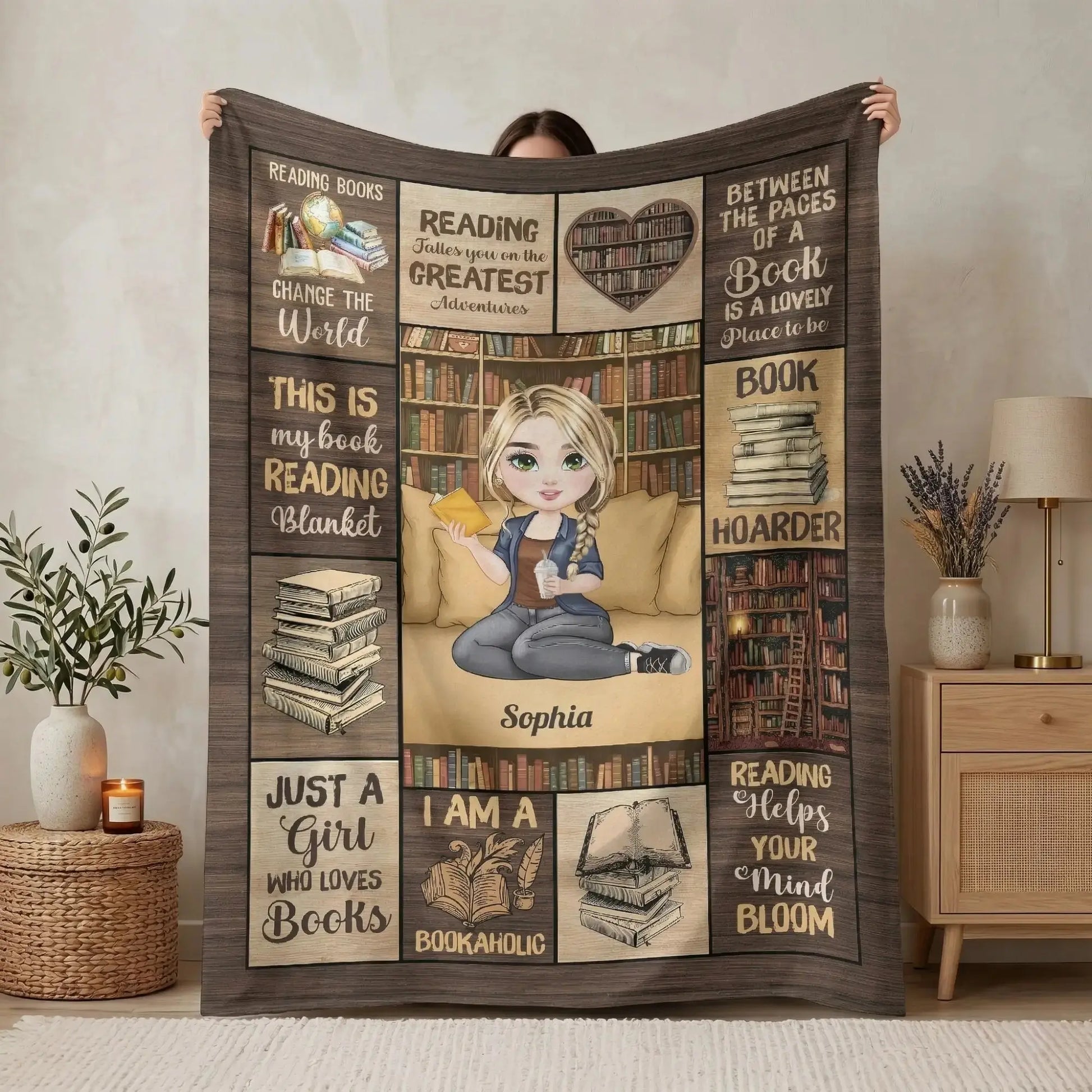Person holding a personalized book blanket