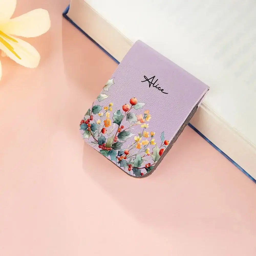 Purple notebook with floral design abirth flower magnetic bookmark
