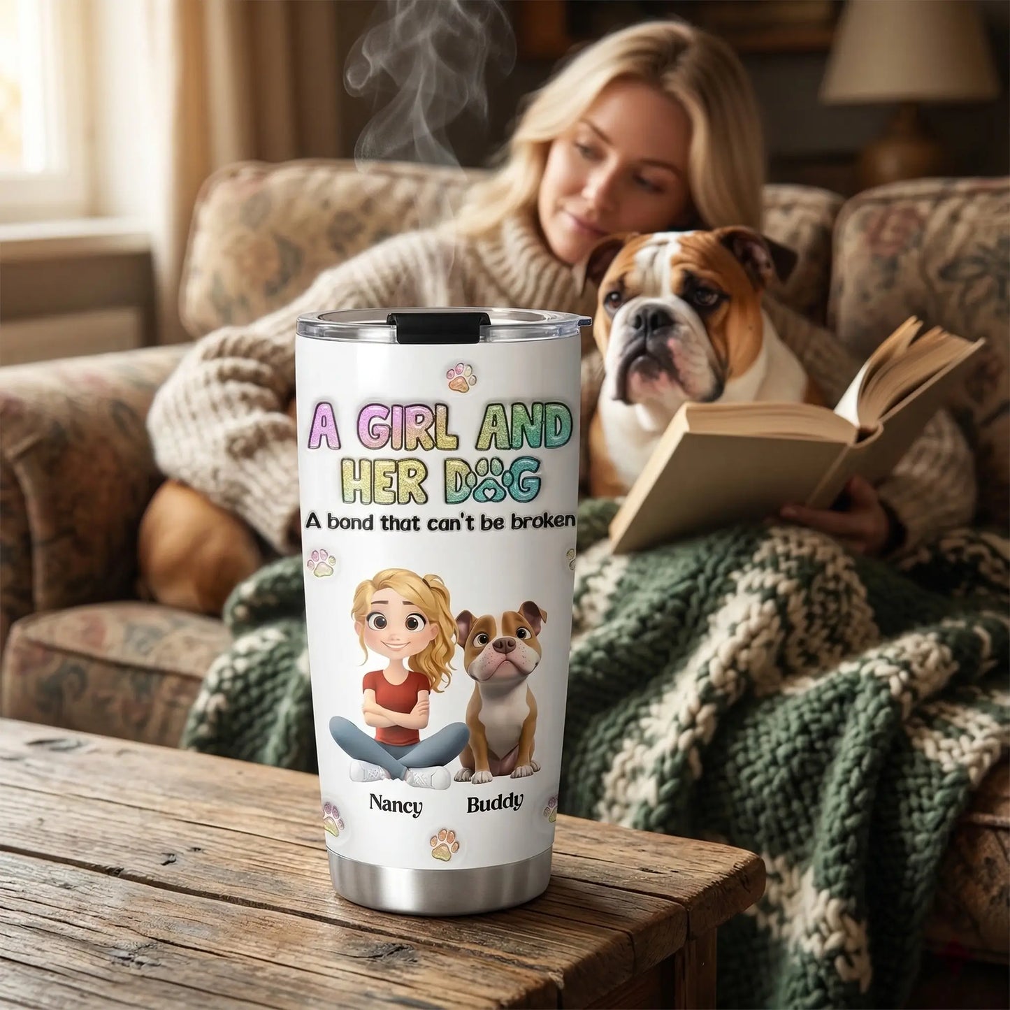 Custom 3D puff design tumbler 20oz holding iced coffee on a table