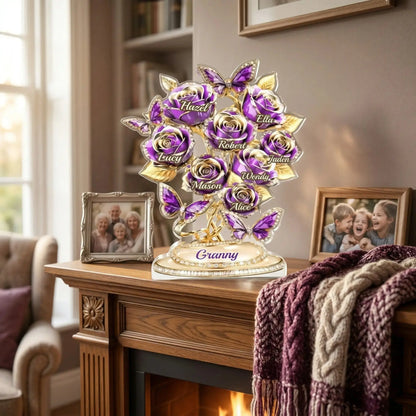 Custom Grandma gift with grandkids names displayed on a table