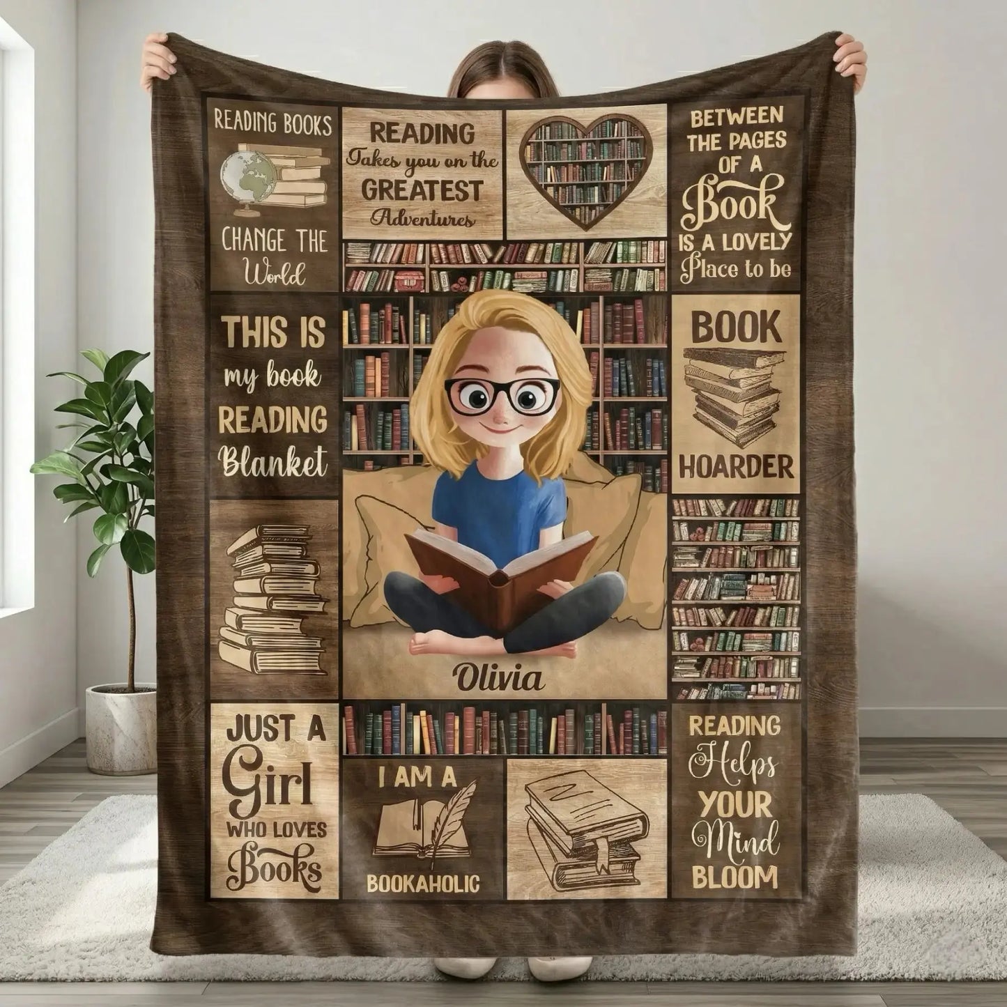 Close up of the custom cartoon girl design on a personalized book blanket