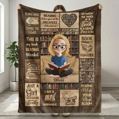 Close up of the custom cartoon girl design on a personalized book blanket