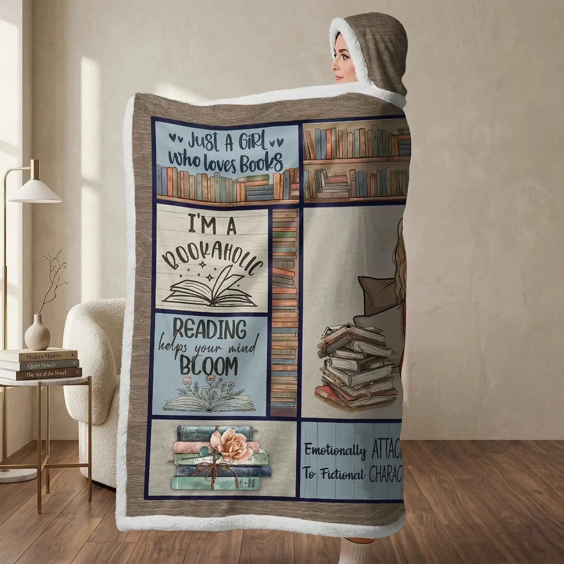 Person holding a book lover wearable blanket
