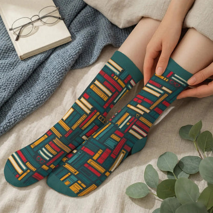 Mid-tube personalized bookish novelty socks keeping feet warm on a rug