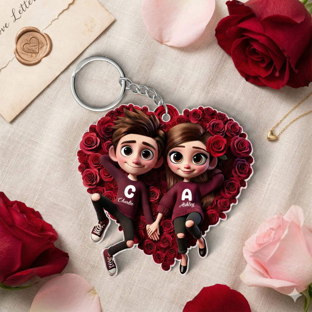 Personalized Acrylic Keychain, Rose Heart Couple Design, Gift for her, him, Couple