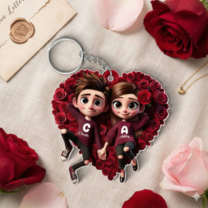 Personalized Acrylic Keychain, Rose Heart Couple Design, Gift for her, him, Couple