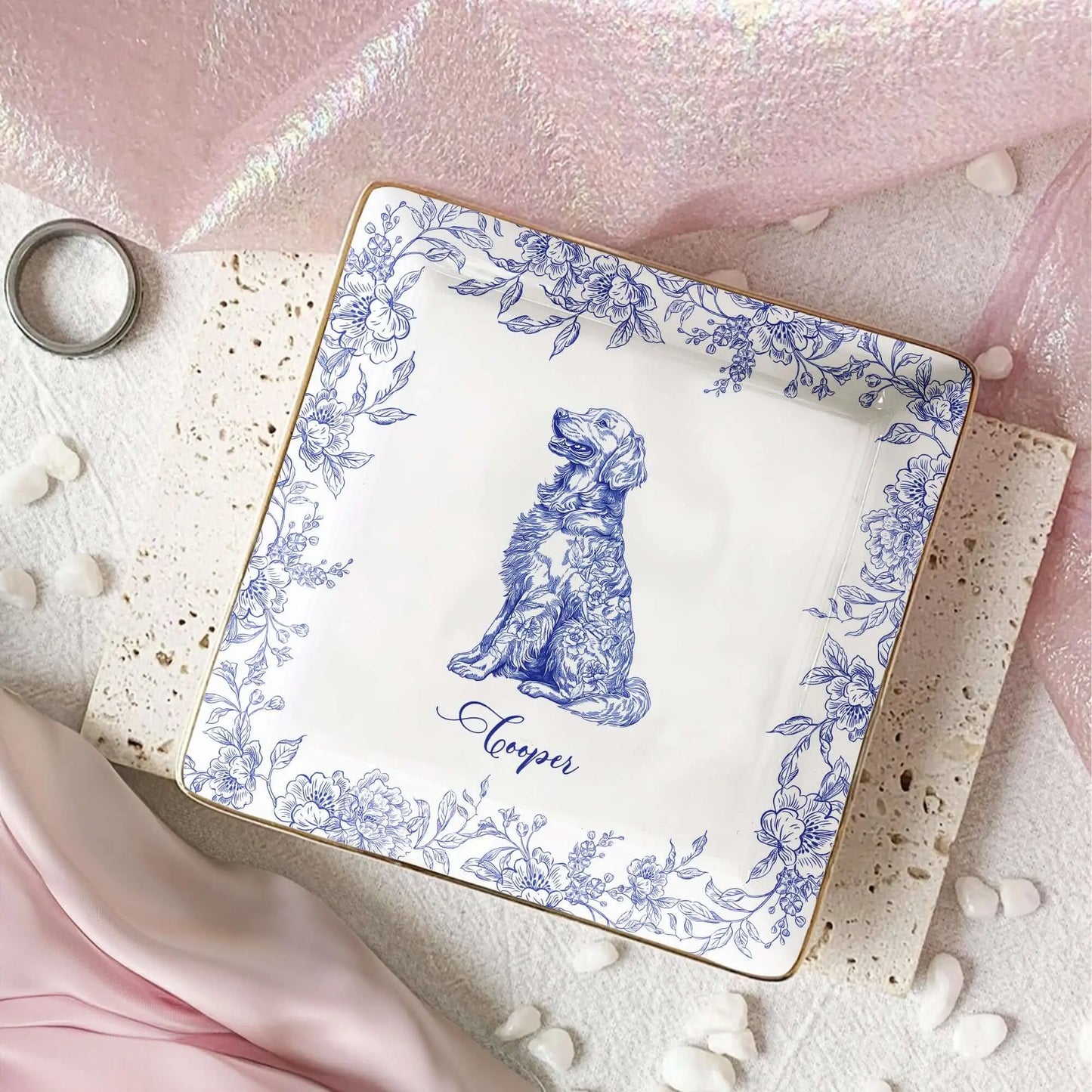 Personalized jewelry dish with blue Chinoiserie dog art and custom pet name.