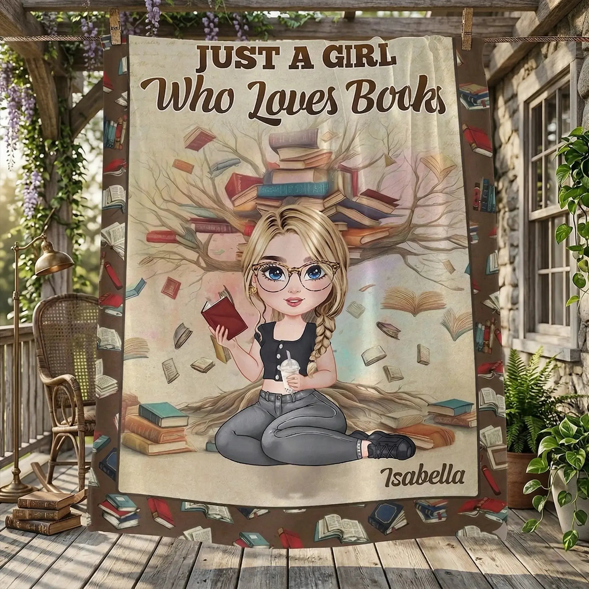 Close-up of a custom bookworm reading throw blanket showing soft plush fleece.