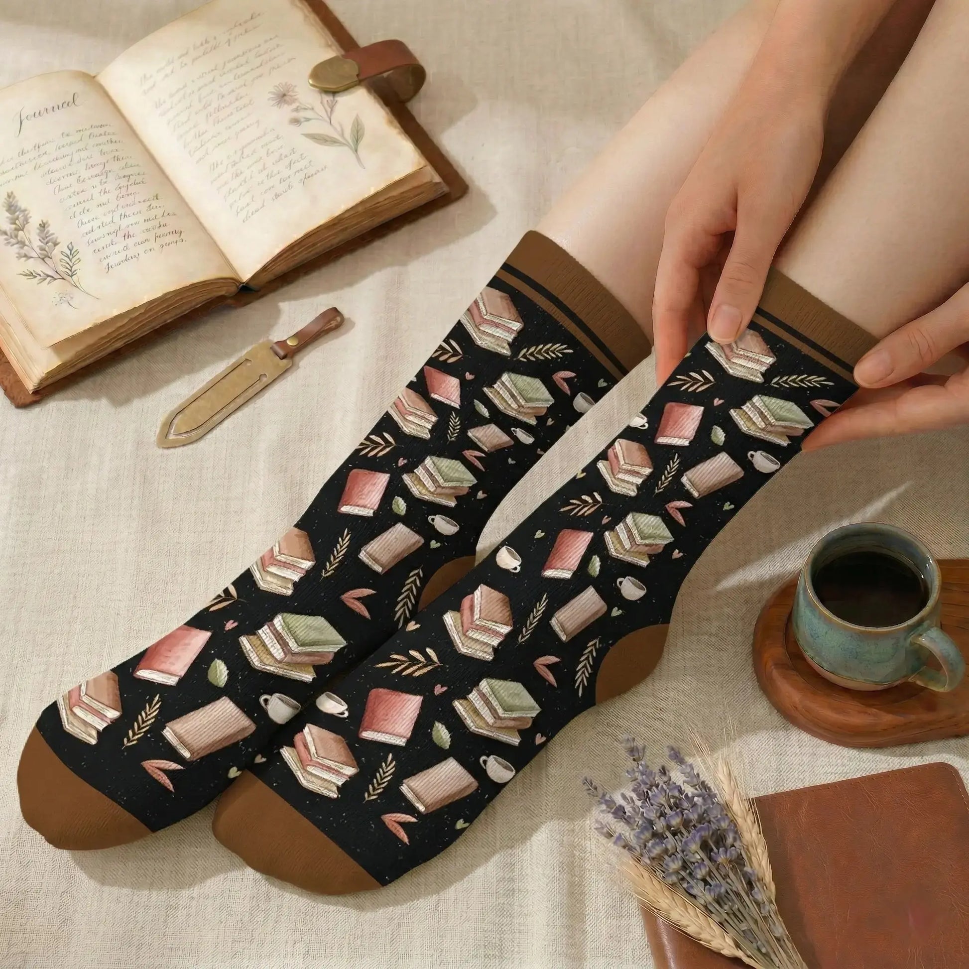 Woman arguing with fictional characters while wearing custom crew socks