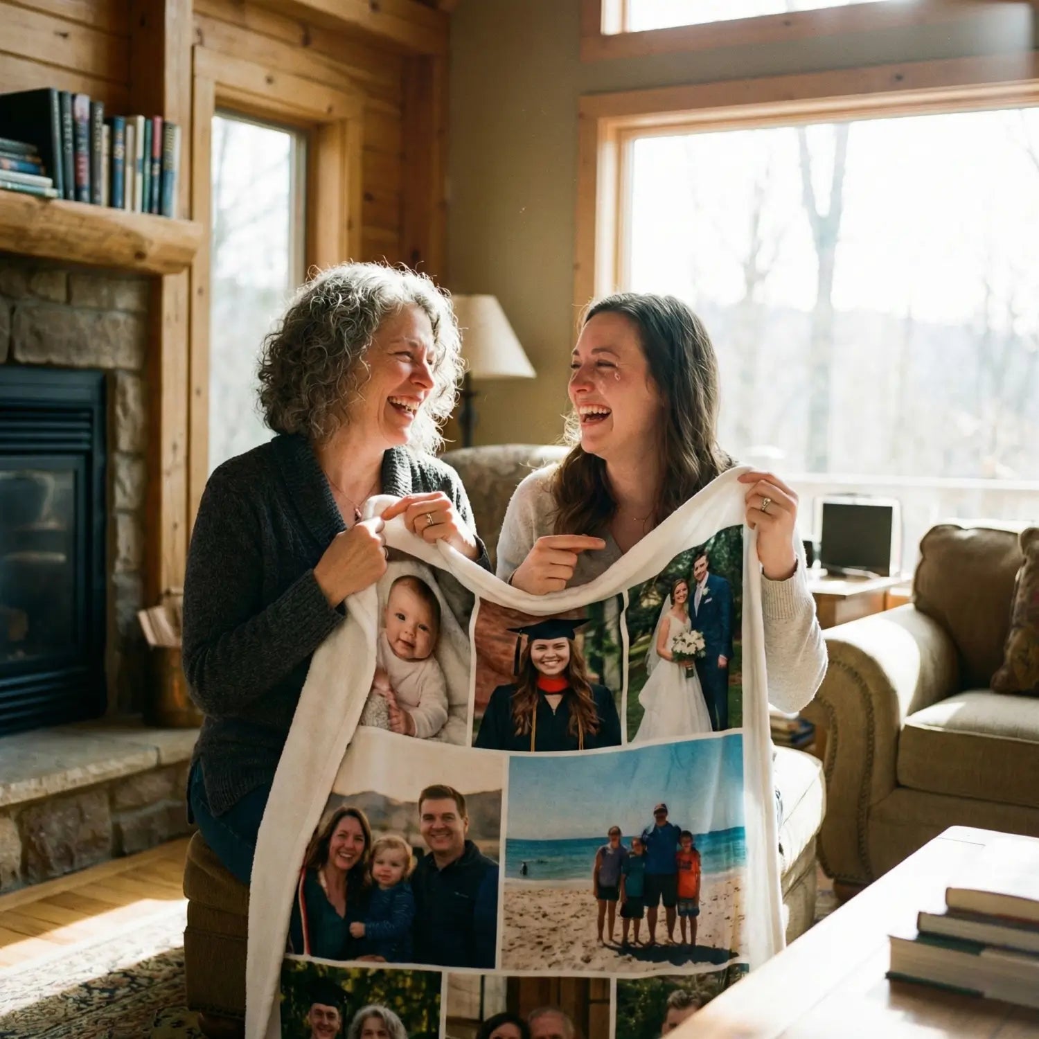 Two women holding a photo collage blanket in a cozy living room.
