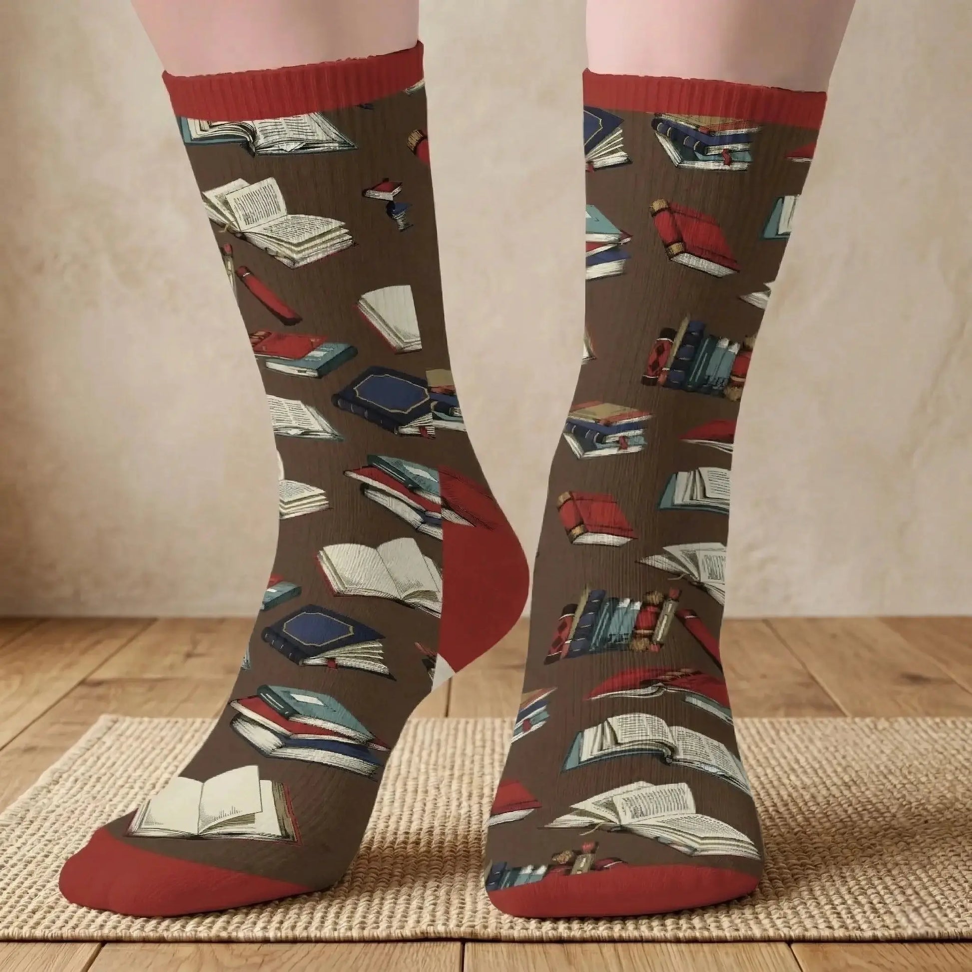 Mid-tube personalized book socks for book lovers keeping feet warm.