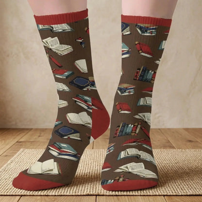 Mid-tube personalized book socks for book lovers keeping feet warm.