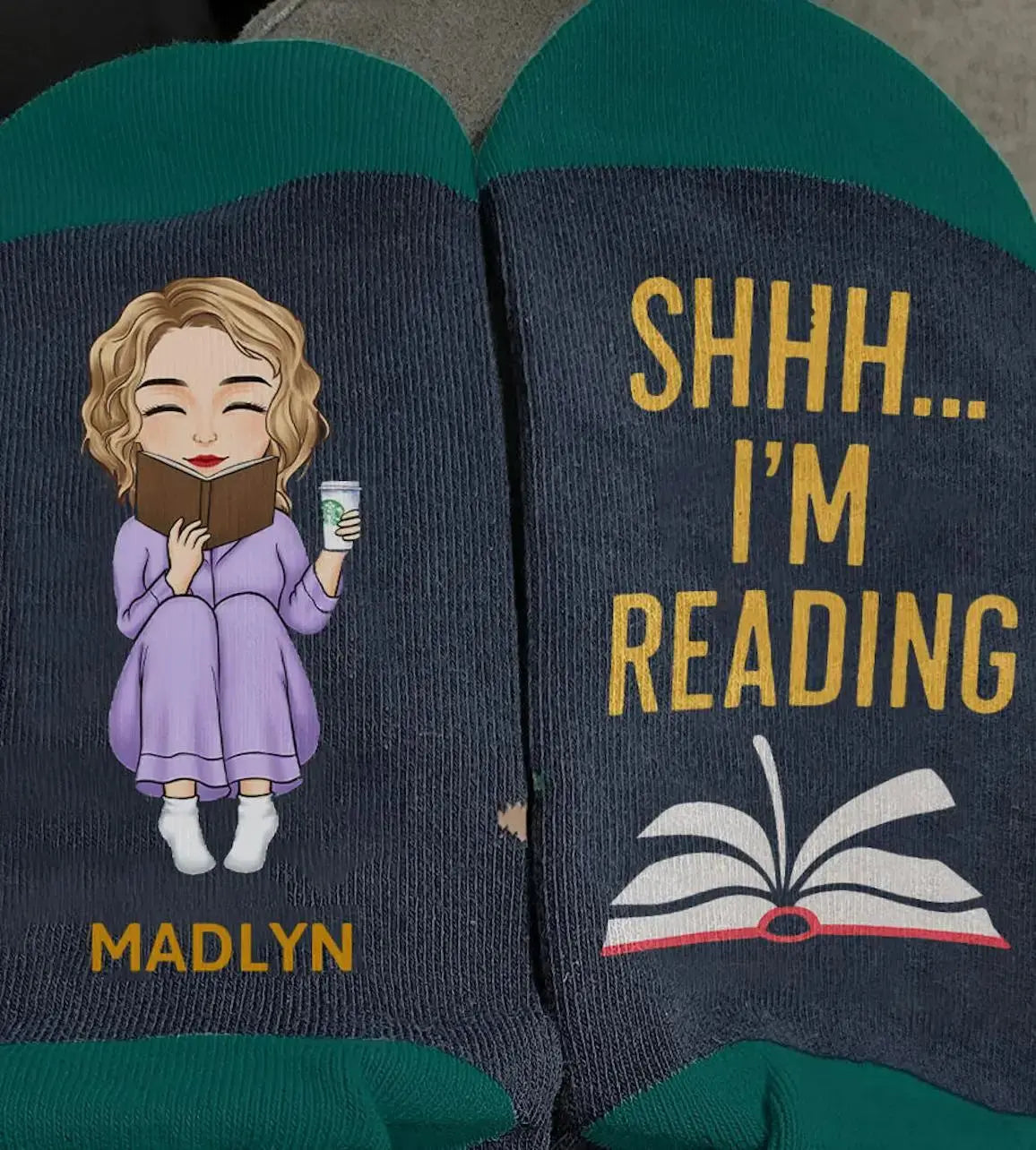 Close up of breathable yarn on personalized book socks for book lovers