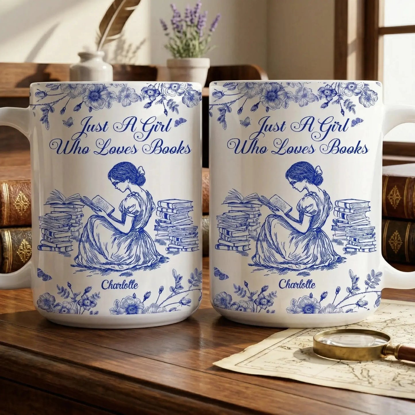 Two beautiful toile de jouy custom book lover mugs