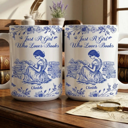 Two beautiful toile de jouy custom book lover mugs