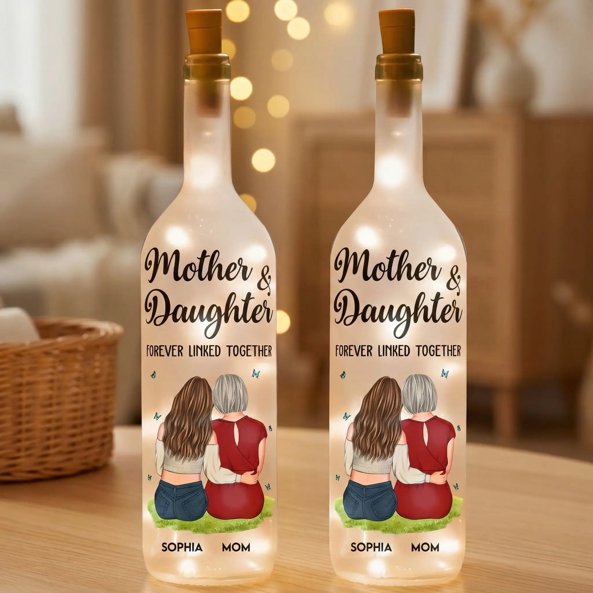 Personalized Wine Bottle Lamp glowing on a wooden bedside table